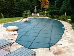 Merlin Classic Mesh 15-Year Mesh Safety Cover | Rectangle 16' X 32' | Flush 4' X 8' Left Side Step | Green | 13M-E-GR