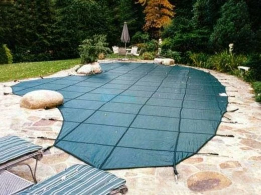 Merlin Classic Mesh 15-Year Mesh Safety Cover | Rectangle 16' X 32' | 4' Offset 4' X 8' Left Side Step | Green | 31M-E-GR