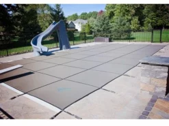 GLI 12-Year Secur-A-Pool Mesh Safety Cover | Rectangle 12' X 24' Tan | 4' X 8' Center End Step | 201224RECES48SAPTAN