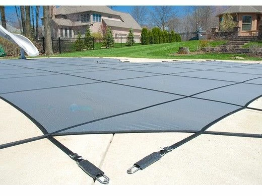 GLI 12-Year Secur-A-Pool Mesh Safety Cover | Rectangle 12' X 24' Gray | 4' X 8' Center End Step | 201224RECES48SAPGRY