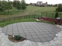 Merlin SmartMesh 15-Year Mesh Safety Cover | Rectangle 16' X 32' | 1' Or 2' Offset 4' X 8' Left Side Step | Tan | 19M-T-TN