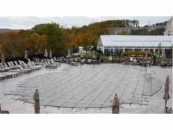 Merlin Dura-Mesh 15-Year Mesh Safety Cover | Rectangle 16' X 32' | Flush 4' X 8' Left Side Step | Gray | 13M-M-GY