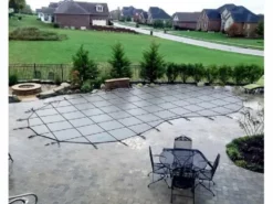 Merlin 10-Year Solid Safety Cover With Drain Panel | Rectangle 16' X 32' | 4' Offset 4' X 8' Left Side Step | Tan | 31W-X-TN